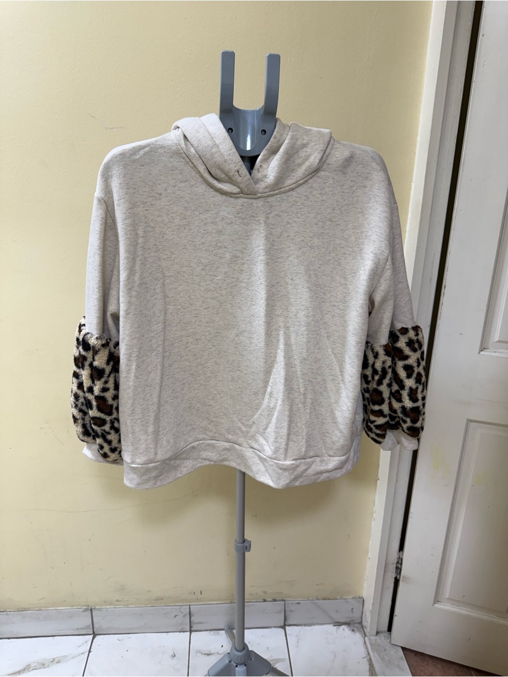 POL Cream Hoodie with Leopard Print Sleeve Panels